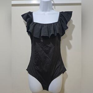& Other Stories Ruffle Off Shoulder Black One-Piece Swimsuit 10 NWOT